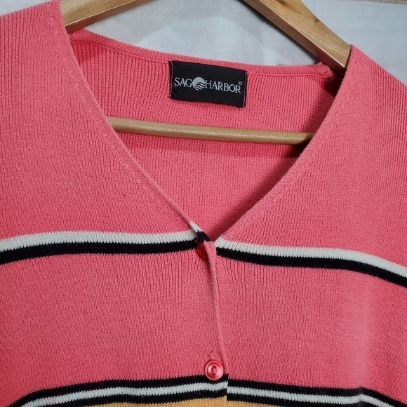Sag Harbor Cardigan Womens XL Pink Striped V-Neck Knit Button Sweater Y2K 90s - Picture 4 of 7